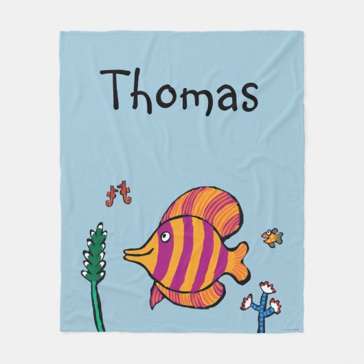 タツノオトシゴを持つオレンジおよび紫色の熱帯魚 フリースブランケット (正面)