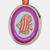 タツノオトシゴを持つオレンジおよび紫色の熱帯魚 メタルオーナメント (左)