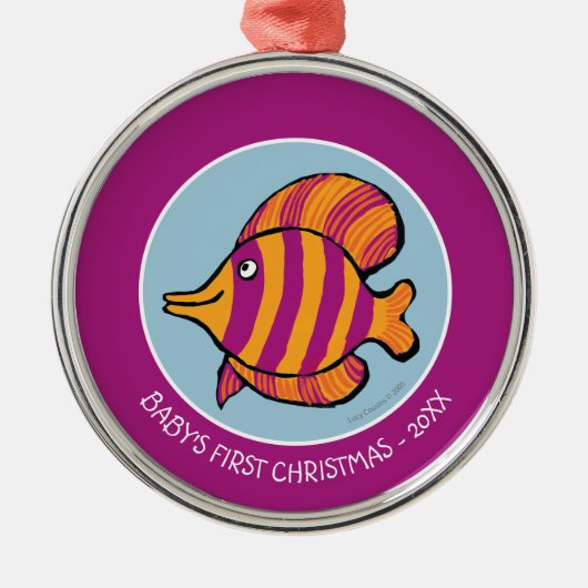 タツノオトシゴを持つオレンジおよび紫色の熱帯魚 メタルオーナメント (正面)