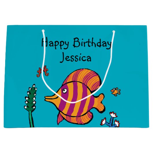 タツノオトシゴを持つオレンジおよび紫色の熱帯魚 ラージペーパーバッグ (正面)