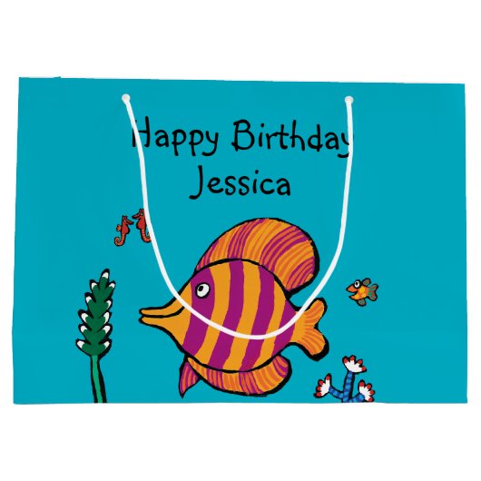 タツノオトシゴを持つオレンジおよび紫色の熱帯魚 ラージペーパーバッグ (裏面)