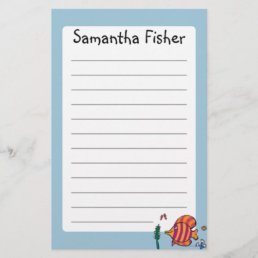 タツノオトシゴを持つオレンジおよび紫色の熱帯魚 便箋 (正面)