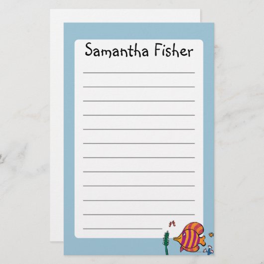 タツノオトシゴを持つオレンジおよび紫色の熱帯魚 便箋 (正面/裏面)