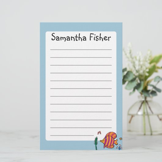 タツノオトシゴを持つオレンジおよび紫色の熱帯魚 便箋 (スタンド正面)