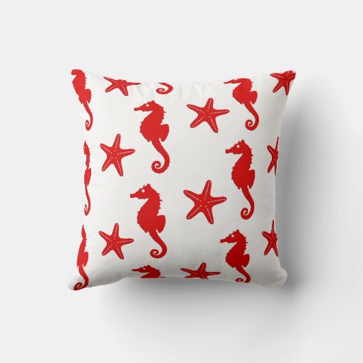 タツノオトシゴ及びヒトデの-白くおよび暗い珊瑚の赤 クッション (裏面)