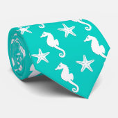 タツノオトシゴ及びヒトデ-ターコイズの白 ネクタイ (ロール)