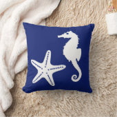 タツノオトシゴ及びヒトデ-濃紺および白 クッション (ブランケット)