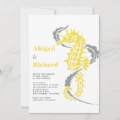 タツノオトシゴ、黄色と灰色の海藻のビーチウェディング 招待状 (正面)