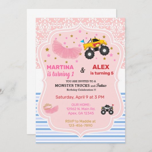 タトゥスとモンスタートラック兄弟姉妹誕生日招待状。 招待状 (正面/裏面)