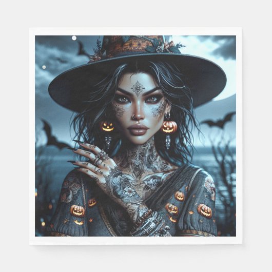 タトゥーかわいらしハローウィンパーティ付きゴシック様式の魔女 スタンダードランチョンナプキン (正面)