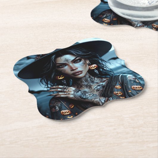 タトゥーかわいらしハローウィンパーティ付きゴシック様式の魔女 ペーパーコースター (アングル)