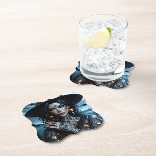 タトゥーかわいらしハローウィンパーティ付きゴシック様式の魔女 ペーパーコースター (インサイチュ)