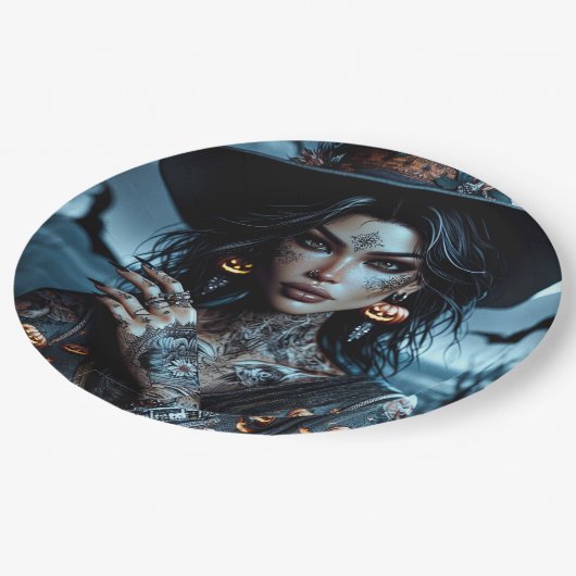 タトゥーかわいらしハローウィンパーティ付きゴシック様式の魔女 ペーパープレート (アングル)