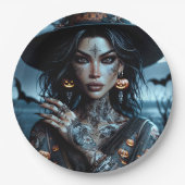 タトゥーかわいらしハローウィンパーティ付きゴシック様式の魔女 ペーパープレート (正面)