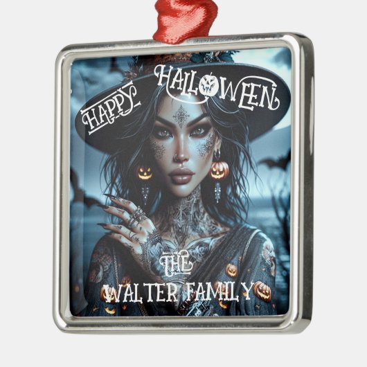 タトゥーかわいらしハローウィンパーティ付きゴシック様式の魔女 メタルオーナメント (左)