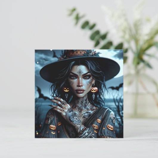 タトゥーかわいらしハローウィンパーティ付きゴシック様式の魔女 招待状 (スタンド正面)