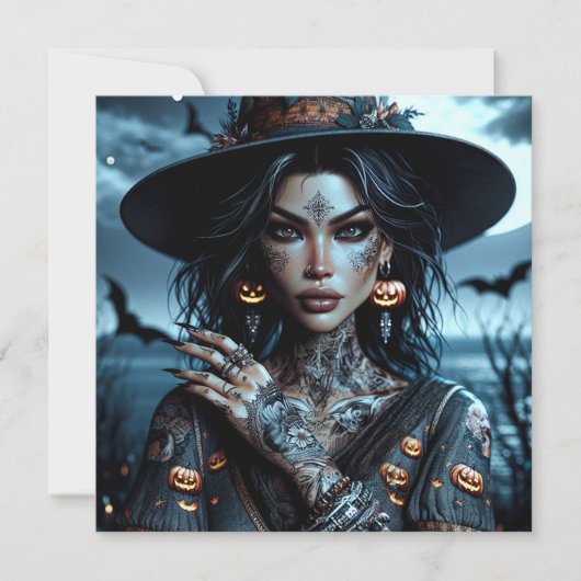 タトゥーかわいらしハローウィンパーティ付きゴシック様式の魔女 招待状 (正面)
