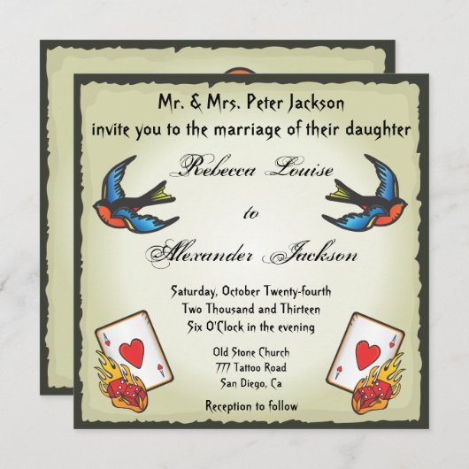 タトゥーかわいらし結婚式招待状ベガススタイル 招待状 (正面/裏面)