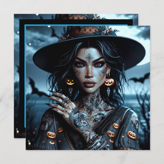タトゥーが入ったゴシックな魔女 ハロウィンパーティー 招待状 (正面/裏面)