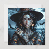 タトゥーが入ったゴシックな魔女 ハロウィンパーティー 招待状 (正面)