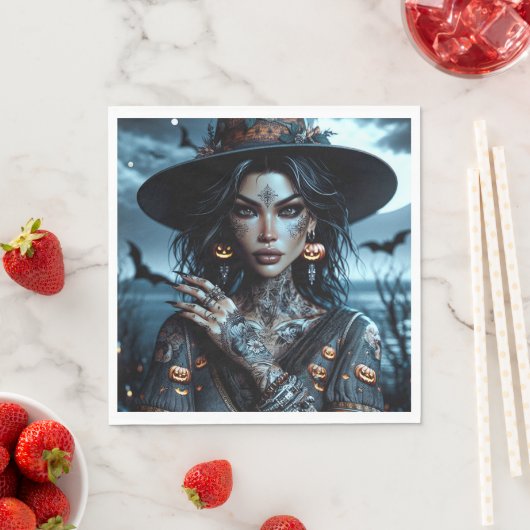 タトゥーとゴシックな魔女のハロウィンパーティー スタンダードランチョンナプキン (インサイチュ)