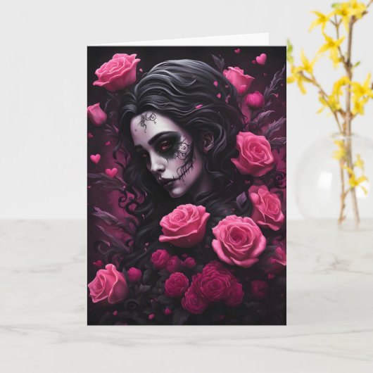 タトゥーの入ったゴス女性 ピンクと赤の花 バレンタイン カード (黄色い花)