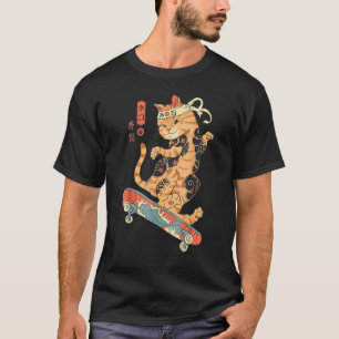 タトゥーの猫の浮世絵風スケートボード日本 Tシャツ
