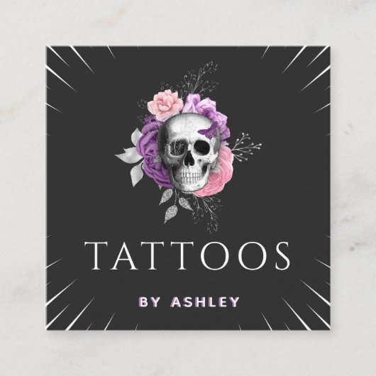 タトゥーアーティストかわいらしフローラスカルボ葉タニカル スクエア名刺 (正面)