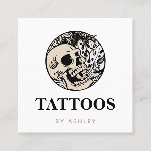 タトゥーアーティストのためのモダンな名刺デザイン - スカル&プランツ スクエア名刺 (正面)