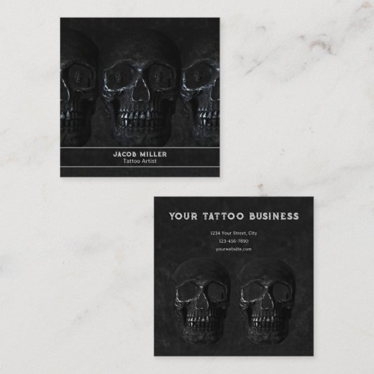 タトゥーアーティストゴシックブラックダークアカデミアスカル スクエア名刺 (正面/裏面)
