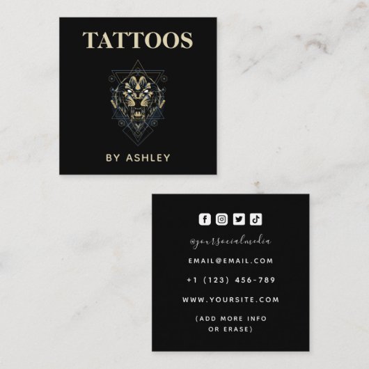 タトゥーアーティストサロンタイガーワイルドアニマルジオメトリック スクエア名刺 (正面/裏面)