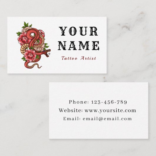 タトゥーアーティストサロンフローラレッドスネークミニマルレトロ 名刺 (正面/裏面)