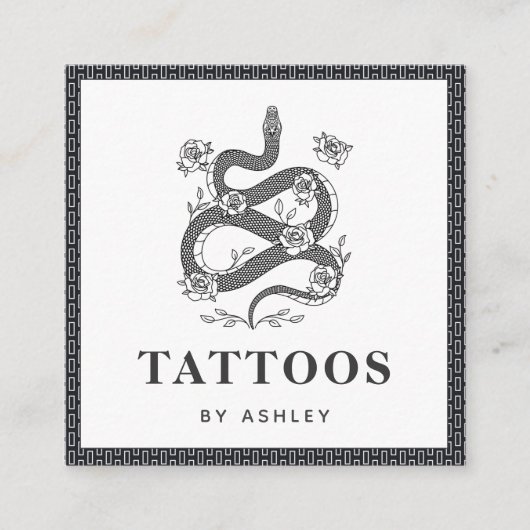 タトゥーアーティストフローラヘビイラストレーションバラダーク スクエア名刺 (正面)
