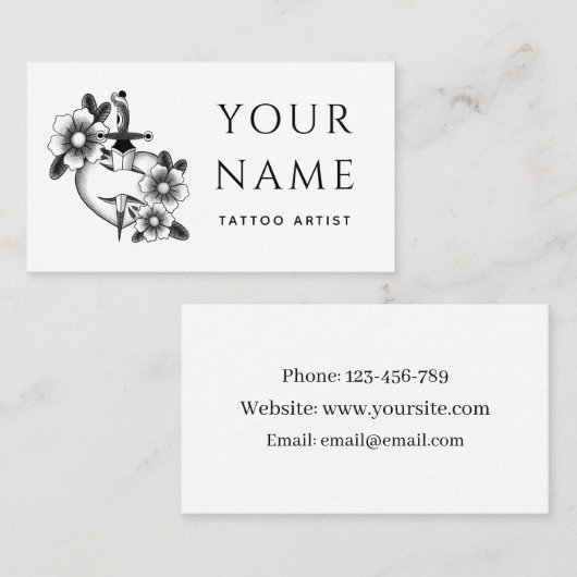 タトゥーアーティスト サロン 花柄の剣 クラシック ホワイト 名刺 (正面/裏面)