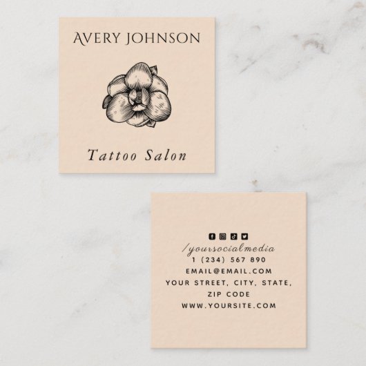 タトゥーエレガントサロン描フラワー&ソーシャルメディア スクエア名刺 (正面/裏面)