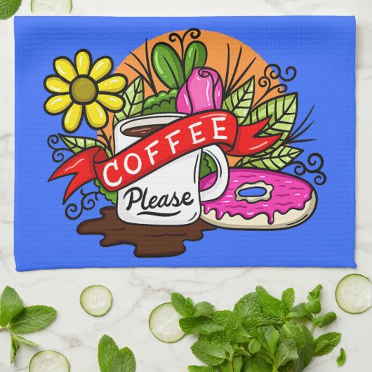 タトゥーカラフル・コーヒーとドーナツ キッチンタオル (折り畳み)
