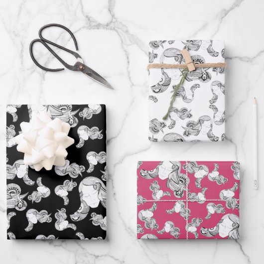 タトゥーガール黒白ピンク ラッピングペーパーシート (正面)