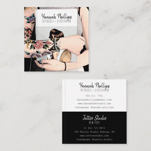 タトゥークールガールイラストレーショントレンディースクリプトブラック スクエア名刺 (正面/裏面)