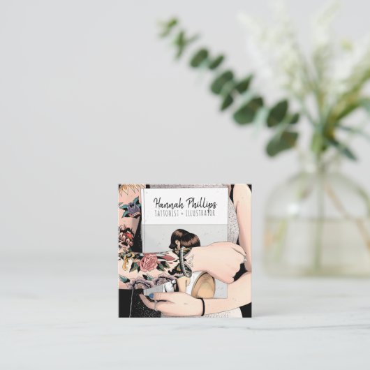 タトゥークールガールイラストレーショントレンディースクリプトブラック スクエア名刺 (スタンド正面)