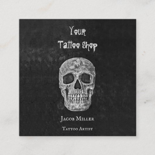タトゥーショップゴシック黒と白のスカル頭 スクエア名刺 (正面)