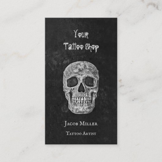 タトゥーショップゴシック黒と白のスカル頭 名刺 (正面)