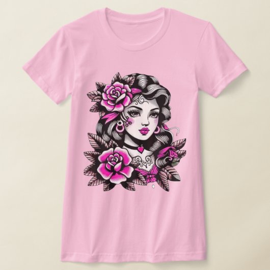 タトゥースタイルのバラを持つ女性 Tシャツ (レイダウン)