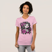タトゥースタイルのバラを持つ女性 Tシャツ (正面フル)