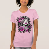 タトゥースタイルのバラを持つ女性 Tシャツ (正面)