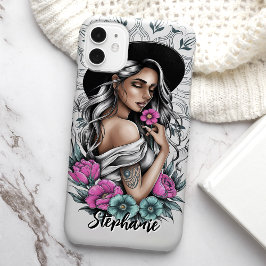 タトゥースタイルのボホー美人とネオンの花 カスタムデザイン iPhone 15ケース