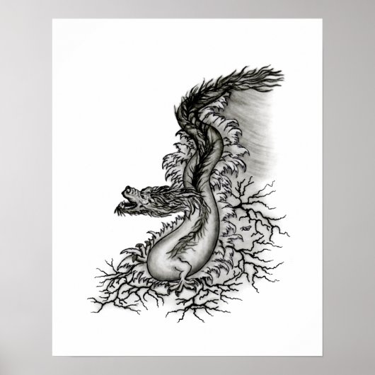 タトゥースタイルの黒と白のデザイン 中国ドラゴン ポスター (正面)