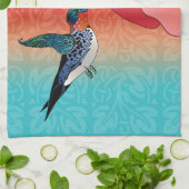 タトゥースタイルハミングバードと赤グラデーション花 キッチンタオル (折り畳み)