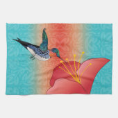 タトゥースタイルハミングバードと赤グラデーション花 キッチンタオル (横)