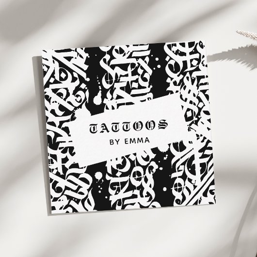 タトゥースタイル書道ブラック&ホワイトタイポグラフィ スクエア名刺