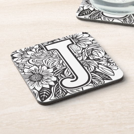 タトゥースタイル白黒モノグラムのインクフラワー コースター (左側)